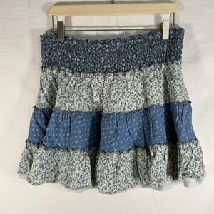 American Eagle Size L Blue Floral Mixed Print‎ Tiered Flouncy Lined Mini Skirt